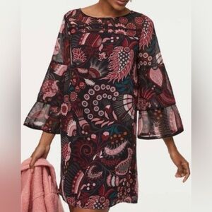 NWT LOFT Boho Lined Floral Print Masquerade Tiered Bell Sleeve Dress